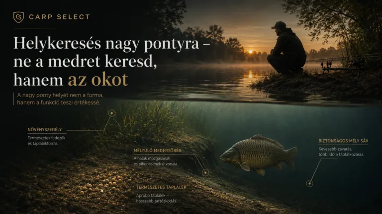 A nagy ponty helykeresés nem csak kemény aljzat keresése. Ismerd meg a táplálék, biztonság, mélység, oxigén, hőmérséklet, szél és időzítés szerepét.